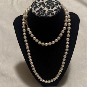 Classic Faux Pearls Individual Knotted with Gold Tone Clasp Long Necklace